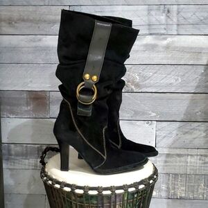 STEVE MADDEN SLOUCHY BLACK SUEDE LEATHER HEELED BOOTS MOBWIFE CLUBWEAR BOHO CHIC